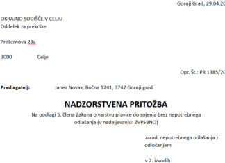 Nadzorstvena pritožba v postopku o prekršku Nadzorstvena pritožba v postopku o prekršku