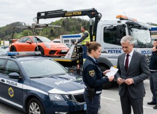 Odvzem vozila, zakaj naknadna „prodaja” avta ne deluje in kaj lahko naredite drugače Police car in the foreground as a tow truck hauls an orange sports car; a policewoman hands paperwork to a suited man while another officer talks on a mobile phone nearby.