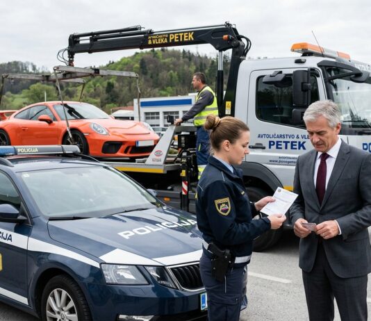 Odvzem vozila, zakaj naknadna „prodaja” avta ne deluje in kaj lahko naredite drugače Police car in the foreground as a tow truck hauls an orange sports car; a policewoman hands paperwork to a suited man while another officer talks on a mobile phone nearby.
